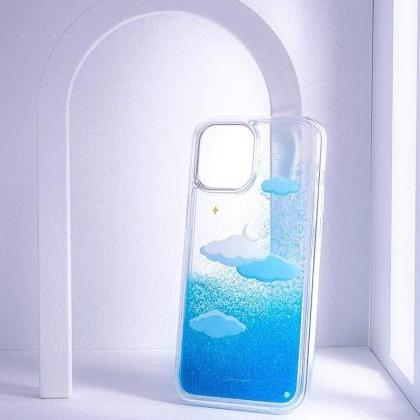White Cloud Blue Quicksand Glitter Phone Case,blue..
