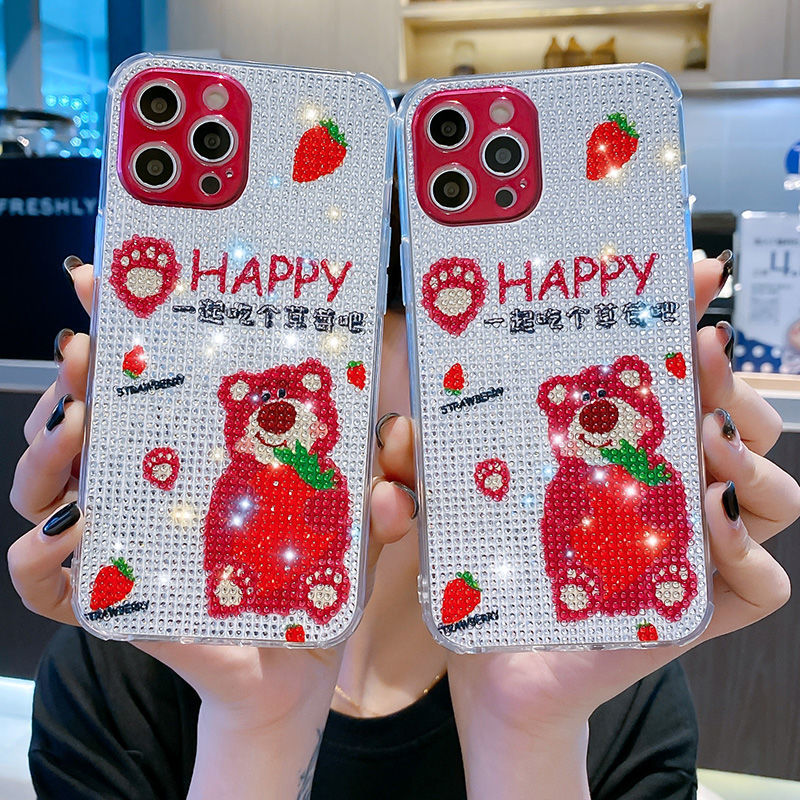 Luxury Full Drill Happy Strawberry Bear Case / Soft Tpu Phone Case / Iphone12 Pro Max/11 Pro Max / 7 8 Plus X Xr Se Xs 12 Mini Pro Max Case