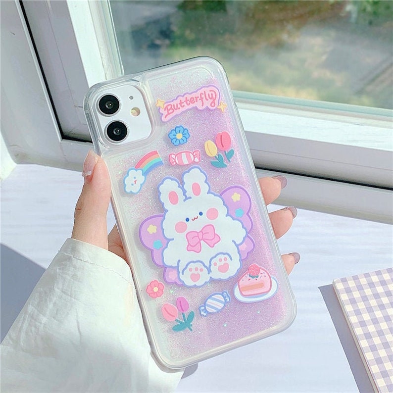 Iphone 13 Case,kawaii Butterfly Rabbit Quicksand Glitter Animal Purple Cake Phone Case,iphone 11 12 Pro Max Mini Se Case Iphone X Xs Xr Case