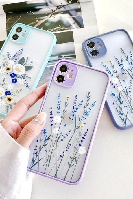 Pretty Floral Camera Protection Bumper Phone Cases For iPhone 13 12 11 11Pro Max XR XS Max X 8 7 Plus Matte Translucent Shockproof Back Cover