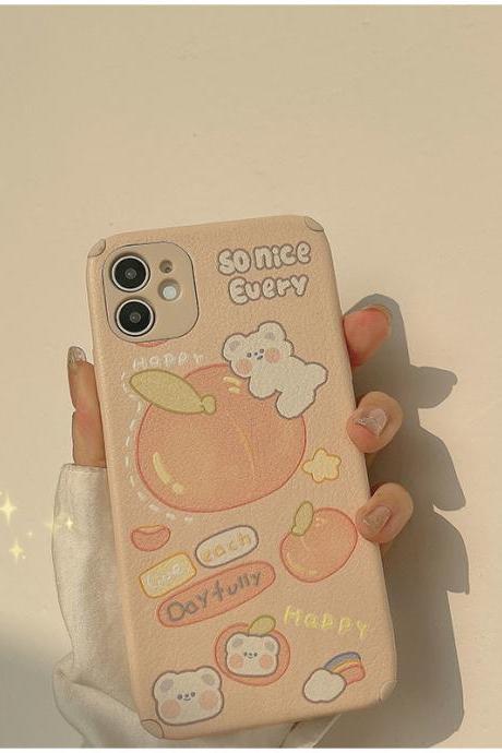 Cute Kawaii Bear doodles peach silicone phone case, iPhone 13 Pro Max Case iPhone 11 12 Pro Max Case iPhone XS Max iPhone XR 7/8 plus Case