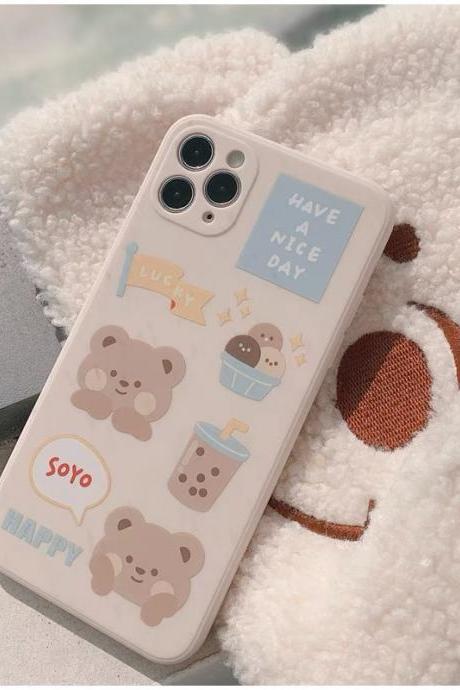 Cute Kawaii HAppy bear doodles cartoon silicone phone case, iPhone 13/11 Pro Max Case iPhone 12 Pro Max Case iPhone XS Max XR 7/8 plus Case
