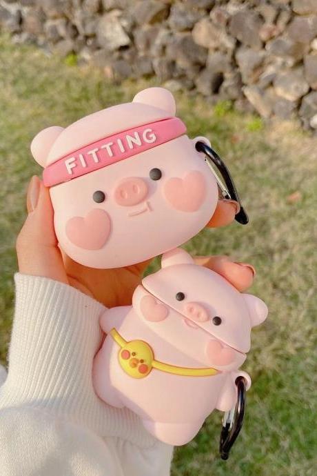 Cute kawaii pink pig AirPods Pro Case AirPods 1/2 case Shockproof Cover Cartoon Silicone AirPods Case Airpods Pro Cover | With Keychain