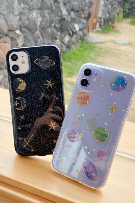 Glittering Starry Sky iPhone Cases For iPhone 13 12 11 11Pro Max XR XS Max X 8 7 6S Plus Planet transparent & black soft shell Christmas gift