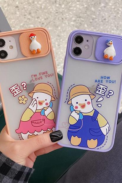 Cute Couples Duck Camera Lens Protection Phone Case For iPhone 13 12 11 Pro Max 8 7 6 6s Plus Xr Xs Max X Xs SE 13 mini Pink Soft Back Cover