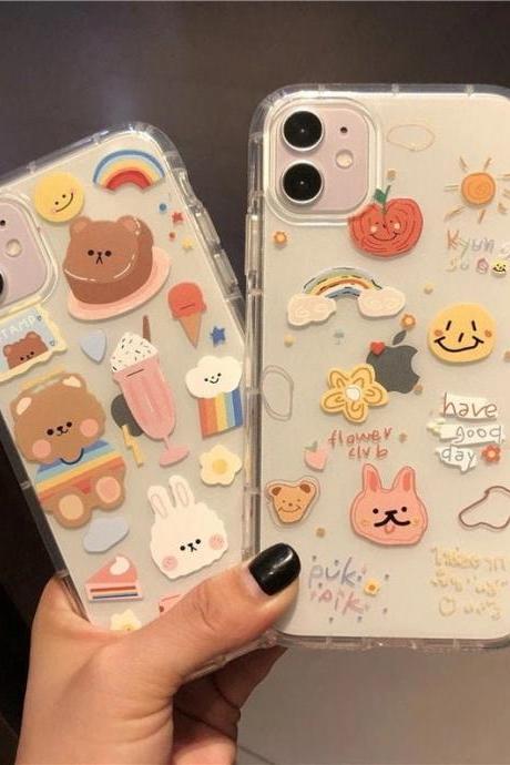 Iphone 13 Case Kawaii Cartoon Doodles Bear Rabbit Rainbow Sun