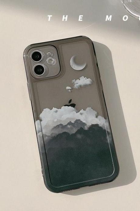 Oil Painting Hill Clouds Moon Black Translucent Silicone Soft Phone Case,iphone 13 Case Iphone 11 Pro Max Iphone 12 Mini X Xs Xr Se Case