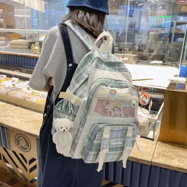 Kawaii Harajuku grid Girls Middle School Student Korean Campus bear candy color backpack,Large capacity backpack,daily backpack,ita bag